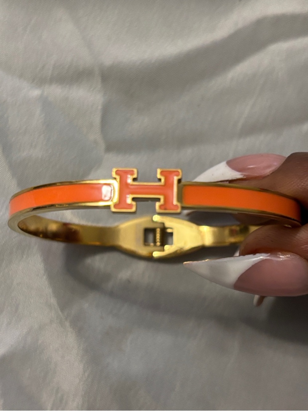 Hermes Orange Enamel H Bangle with Gold Hardware